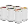 300 ml glas med farvet låg fi 66 - 6 stk. ['konservesglas', ' 300 ml glas', ' sæt af glas', ' glas til konservering', ' glas med farvede låg', ' farvede låg', ' til kompotter', ' til marmelader']