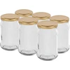 Glas TO 300 ml med gyldent låg fi 66 - 6 stk. ['konservesglas', ' 300 ml glas', ' glas med låg', ' glas med gyldent låg', ' køkkenglas', ' glasglas', ' glas til småting', ' glas til marmelade', ' krydderiglas', ' urteglas', ' skruelågsglas', ' små glas']