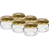 Lavt glas 200ml - med gyldent låg fi 82/6, 6 stk. ['lavt glas', ' glasbeholder', ' 200ml glas', ' twist-off låg', ' glas til syltetøj', ' opbevaringsbeholder', ' hjemmelavede konserver', ' glas til sild', ' glas til salat', ' glas til dessert']