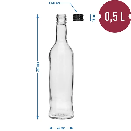 500 ml Slank Flaske med sort skruelåg, til vodka, 6 stk. - 7