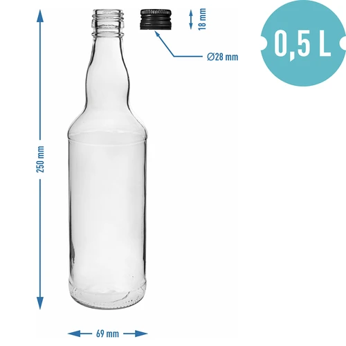 Flaske 500 ml til vodka, med sort skruelåg, 6 stk. - 5