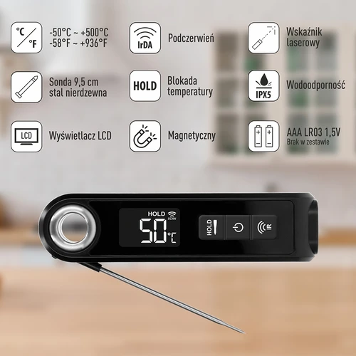 Infrarødt køkkentermometer, kompakt, med foldbar sonde - 8