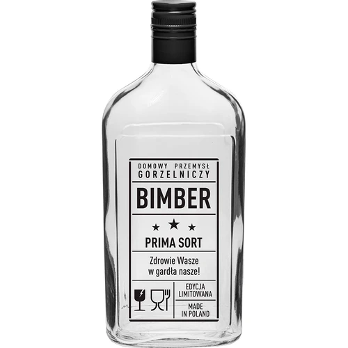 Glasflaske i lommelærkeform 500 ml med skruelåg, tryk 'Bimber PRL', 1 stk.