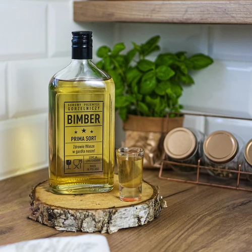 Glasflaske i lommelærkeform 500 ml med skruelåg, tryk 'Bimber PRL', 1 stk. - 6