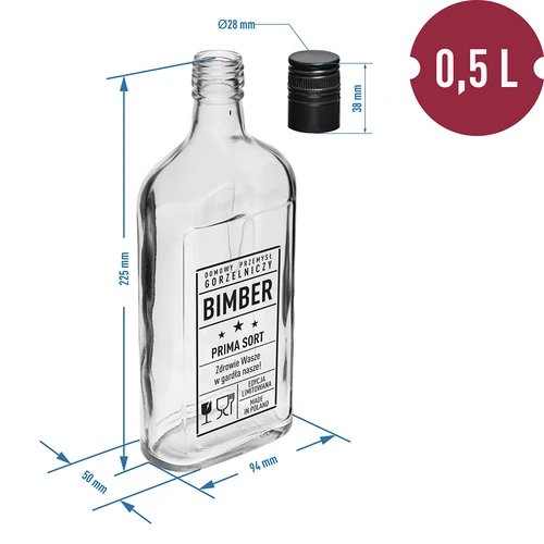 Glasflaske i lommelærkeform 500 ml med skruelåg, tryk 'Bimber PRL', 1 stk. - 5