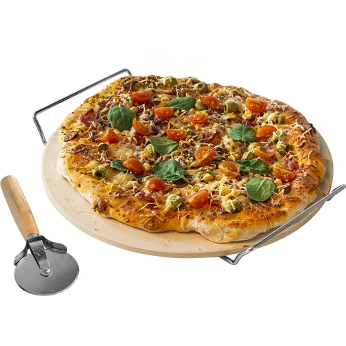 Pizzasten med håndtag og kniv, af cordierit, rund 33 cm