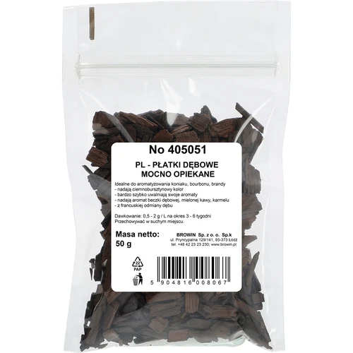 Stærkt ristede egetræ flager til aromatisering af alkohol (whisky, bourbon, brandy, cognac, øl), 50 g - 2