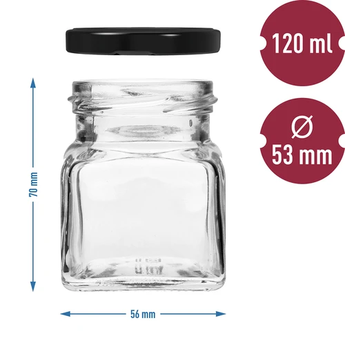 Twist-off glas 120ml - Fire hjørner fi 53 med sort låg, 6 stk - 6