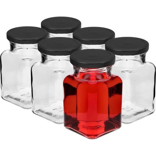 Twist-off glas 150ml Fire hjørner fi 53 med sort låg, 6 stk. - 2