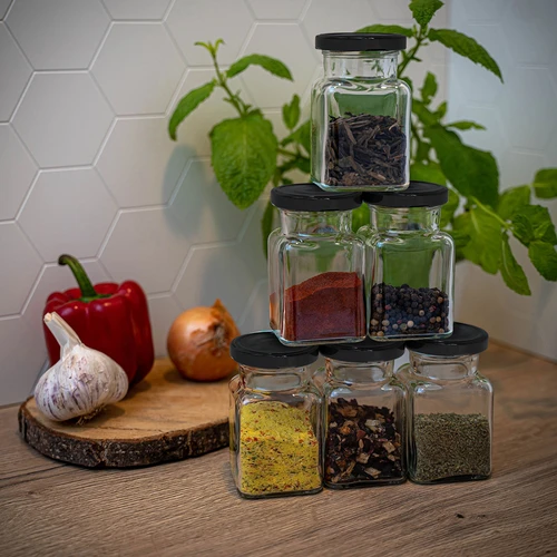 Twist-off glas 150ml Fire hjørner fi 53 med sort låg, 6 stk. - 10