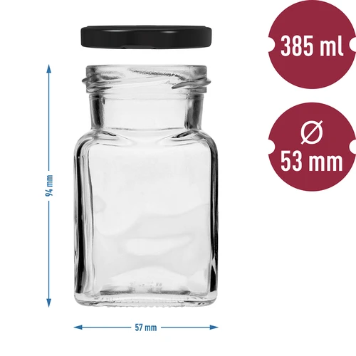 Twist-off glas 150ml Fire hjørner fi 53 med sort låg, 6 stk. - 6