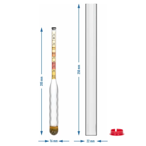 Uknuseligt hydrometer til mjød med prøvecylinder, måleområde 10-50°Blg - 5