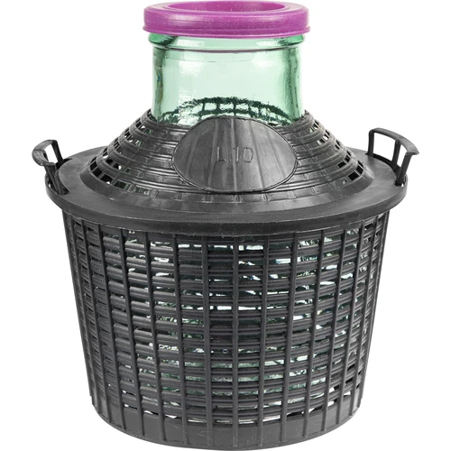 Vinballon 10 L med bred hals i plastikkurv
