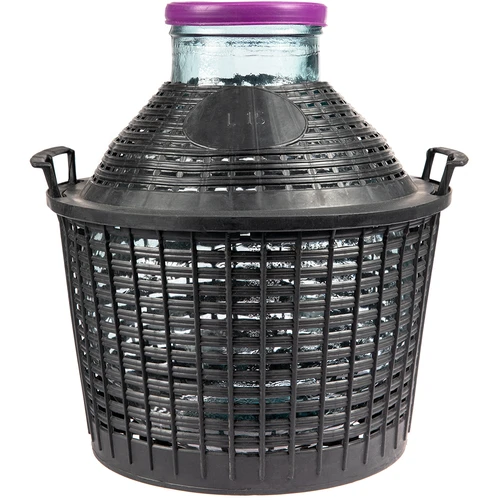 Vinballon 15 L med bred hals i plastikkurv